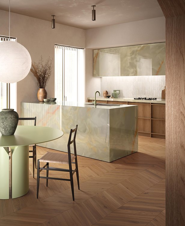 Room view Kitchen, created with tiles from the collection: GEMME – Green, White, Brown