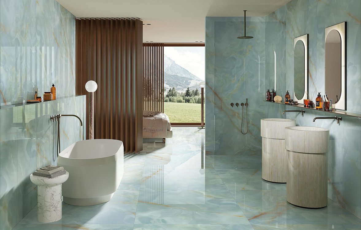 Room view Bathroom, created with tiles from the collection: GEMME – Light Blue