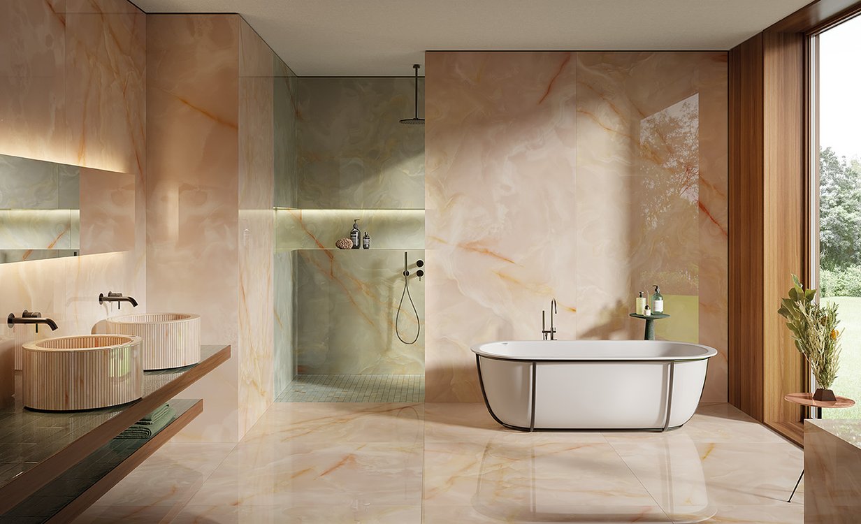 Room view Bathroom, created with tiles from the collection: GEMME – Red-Pink