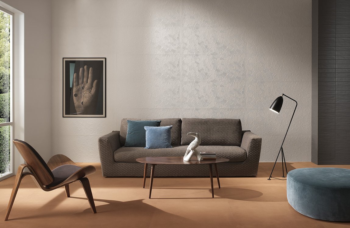 Image d'ambiance , réalisée avec des carreaux de la collection : LUMINA SAND ART – Blanc, Ocra