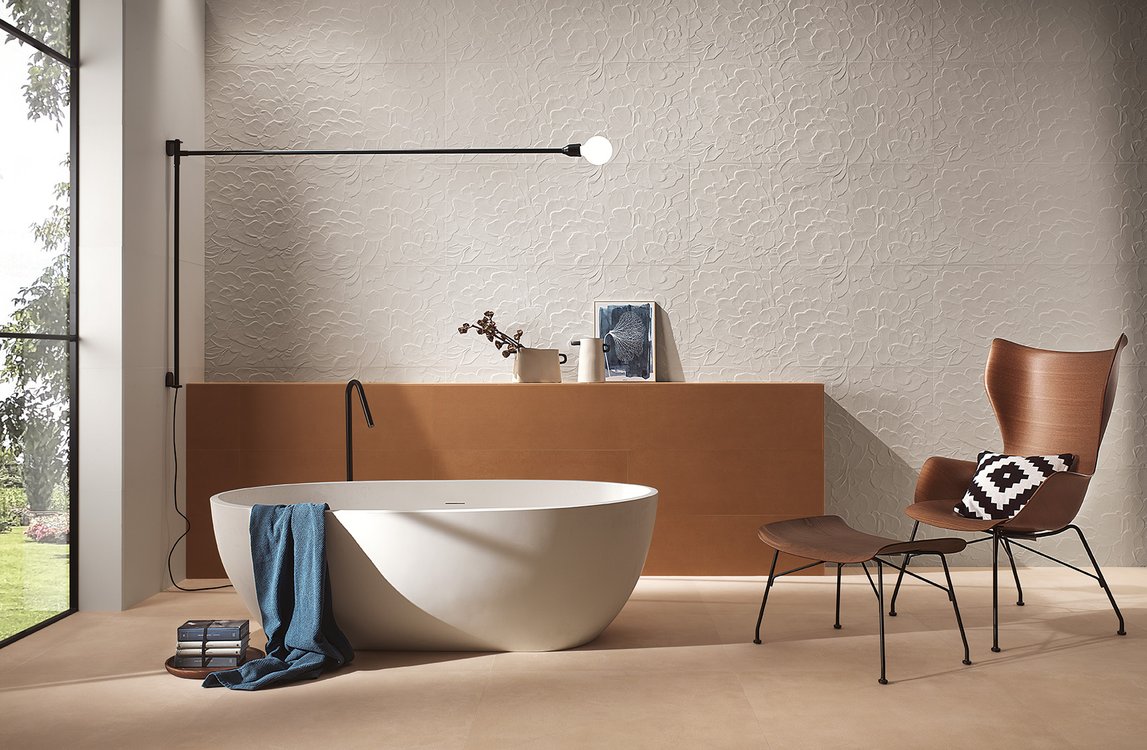 Room view Bathroom, created with tiles from the collection: LUMINA SAND ART – White, Ocra, Beige