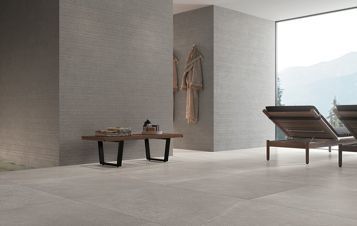 Room view Contract, created with tiles from the collection: LUMINA STONE – Grey