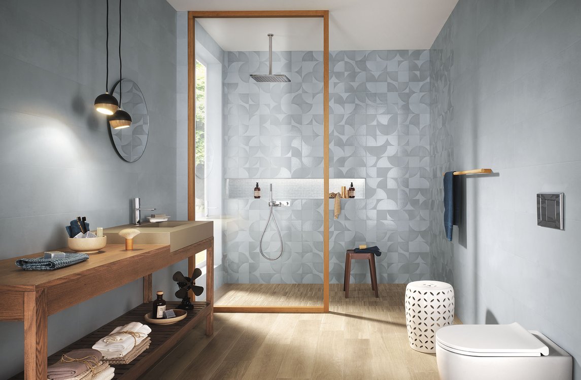 Imagen de ambiente Baño, realizada con baldosas de la colección: MAT&MORE – Azzurro, BEIGE
