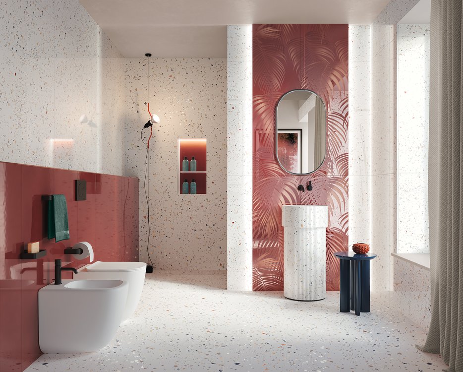 Imagen de ambiente Baño, realizada con baldosas de la colección: MATERIA BRILLANTE – BLANCO, Rojo