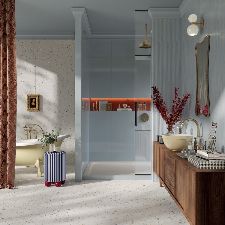 Imagen de ambiente Baño, realizada con baldosas de la colección: MATERIA BRILLANTE – BLANCO, Azzurro, Rojo