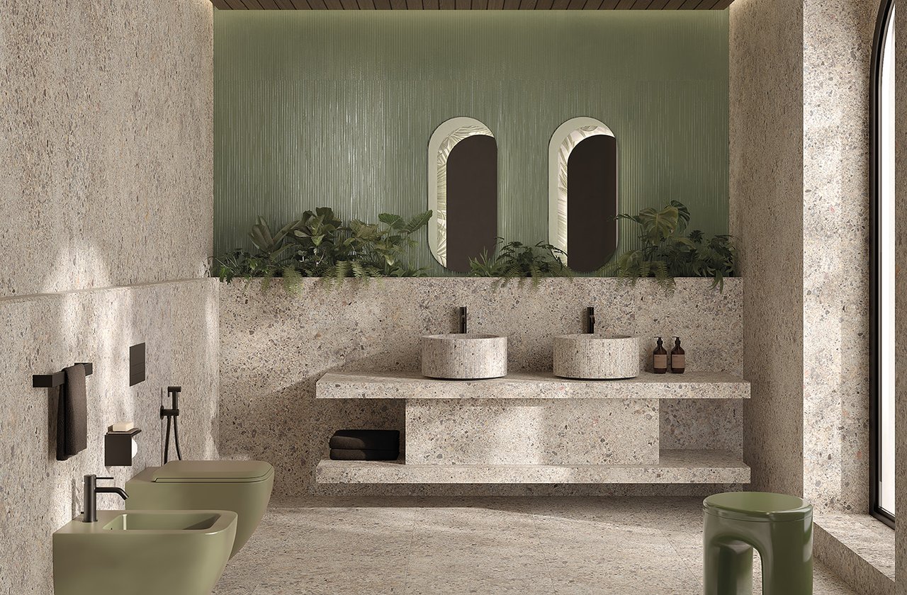 Image d'ambiance Salle de bain, réalisée avec des carreaux de la collection : MATERIA ECLETTICA – Gris, Vert MATERIA ECLETTICA
