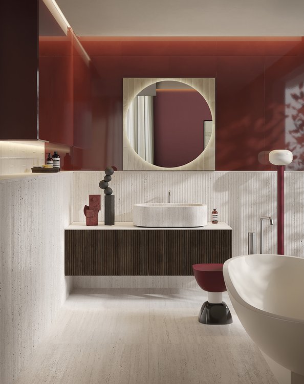 Imagen de ambiente Baño, realizada con baldosas de la colección: MATERIA BRILLANTE – Rojo