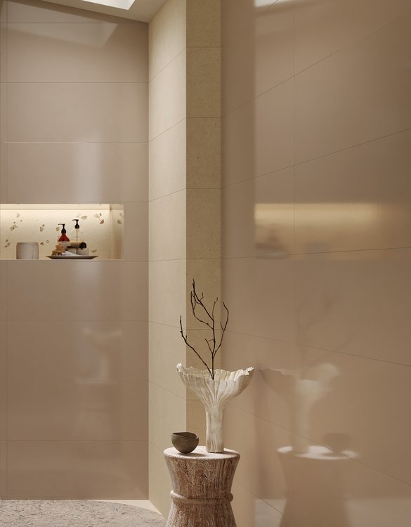 Room view , created with tiles from the collection: MATERIA PURA wall tiles 30,5x91,5 – Grey, Beige