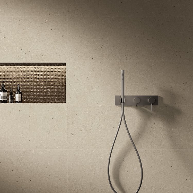 Room view , created with tiles from the collection: MATERIA PURA wall tiles 30,5x91,5 – Grey, Brown