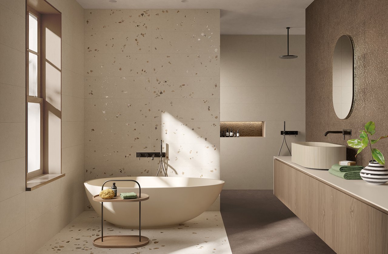 Image d'ambiance Salle de bain, réalisée avec des carreaux de la collection : MATERIA PURA – Gris, Marron MATERIA PURA