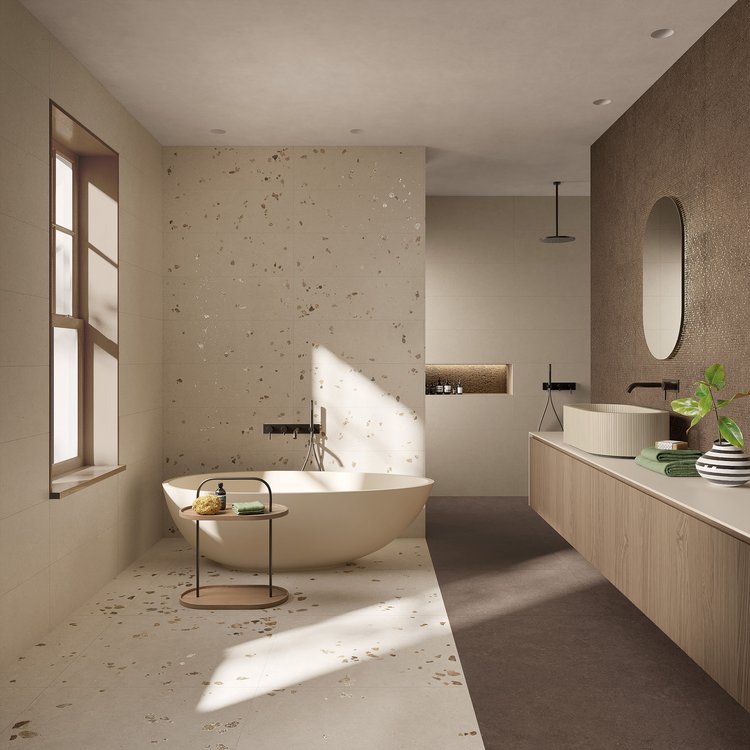 Room view Bathroom, created with tiles from the collection: MATERIA PURA wall tiles 30,5x91,5 – Grey, Brown