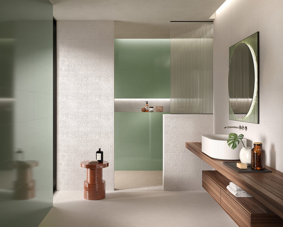 Imagen de ambiente Baño, realizada con baldosas de la colección: MATERIA PURA – OTRAS, BLANCO