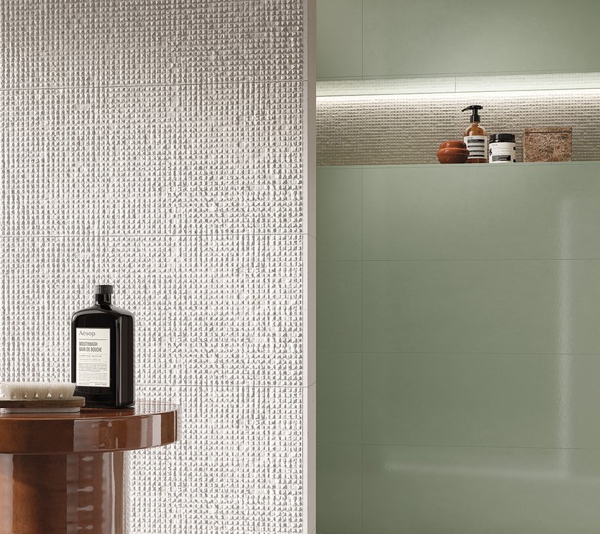 Room view , created with tiles from the collection: MATERIA PURA wall tiles 30,5x91,5 – Other, White