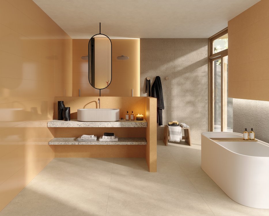 Room view Bathroom, created with tiles from the collection: MATERIA PURA wall tiles 30,5x91,5 – Other, Grey