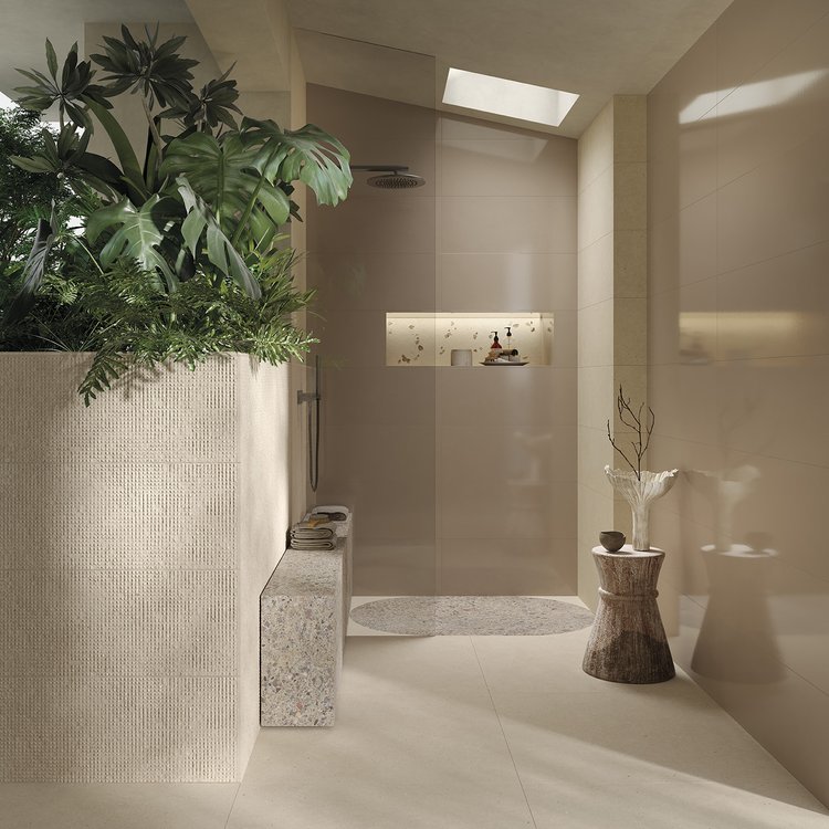 Room view Bathroom, created with tiles from the collection: MATERIA PURA wall tiles 30,5x91,5 – Grey, Beige