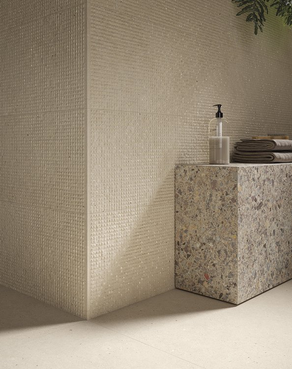 Room view , created with tiles from the collection: MATERIA PURA wall tiles 30,5x91,5 – Grey, Beige
