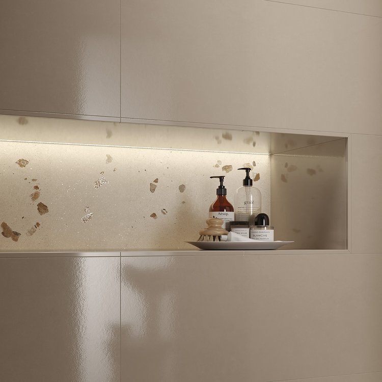 Imagen de ambiente , realizada con baldosas de la colección: MATERIA PURA – GRIS