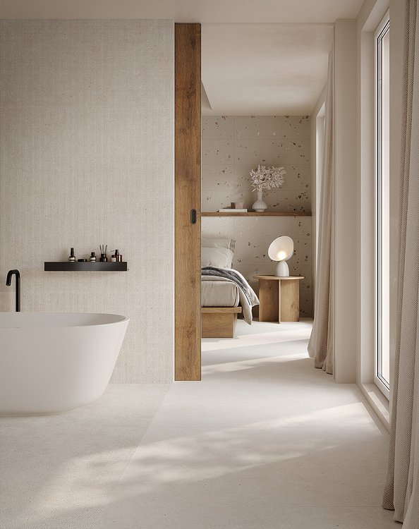 Imagen de ambiente Baño, realizada con baldosas de la colección: MATERIA PURA – BLANCO, GRIS