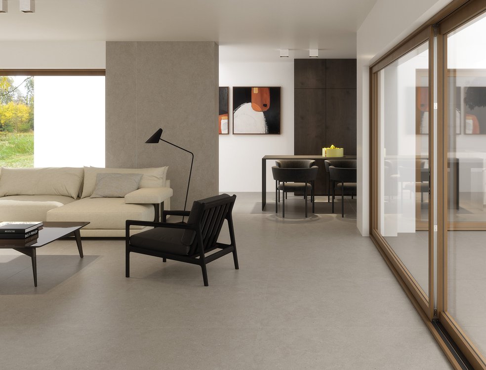 Room view House, created with tiles from the collection: MATERIA PURA porcelain tiles – Grey