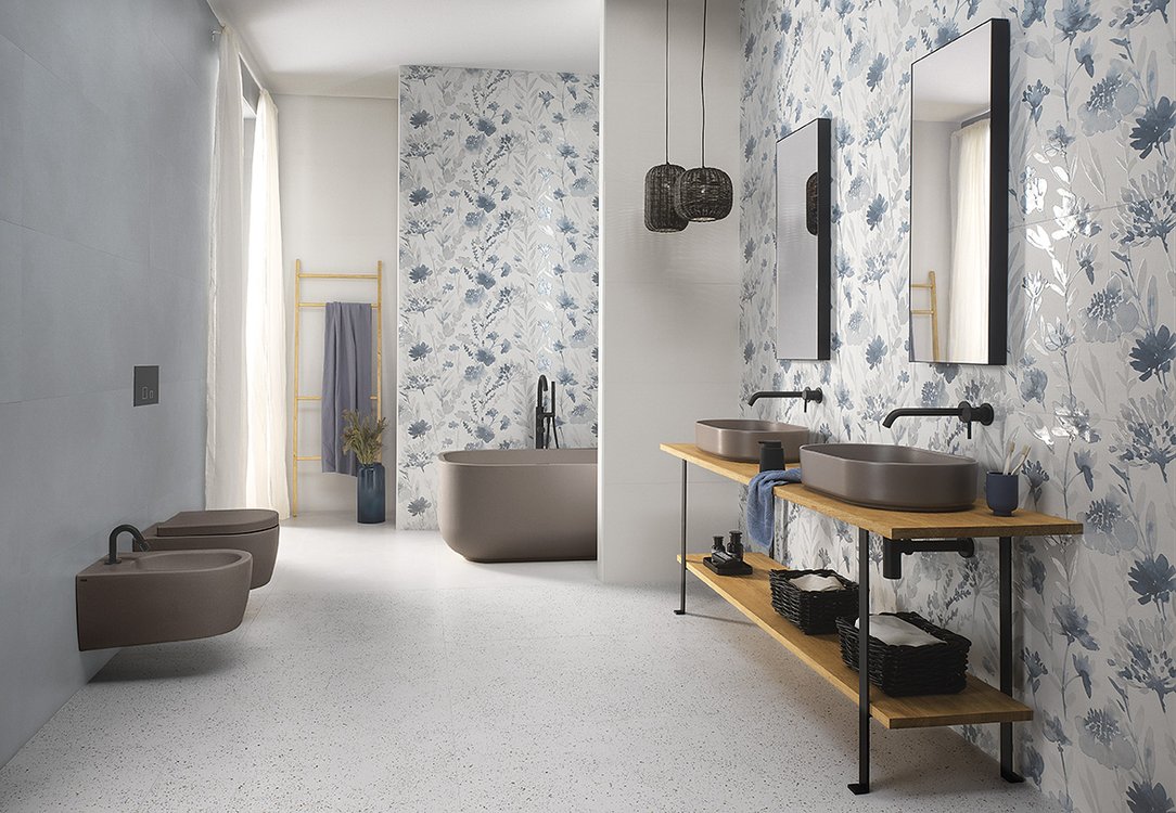 Imagen de ambiente Baño, realizada con baldosas de la colección: MILANO MOOD – GRIS, Azzurro, BLANCO