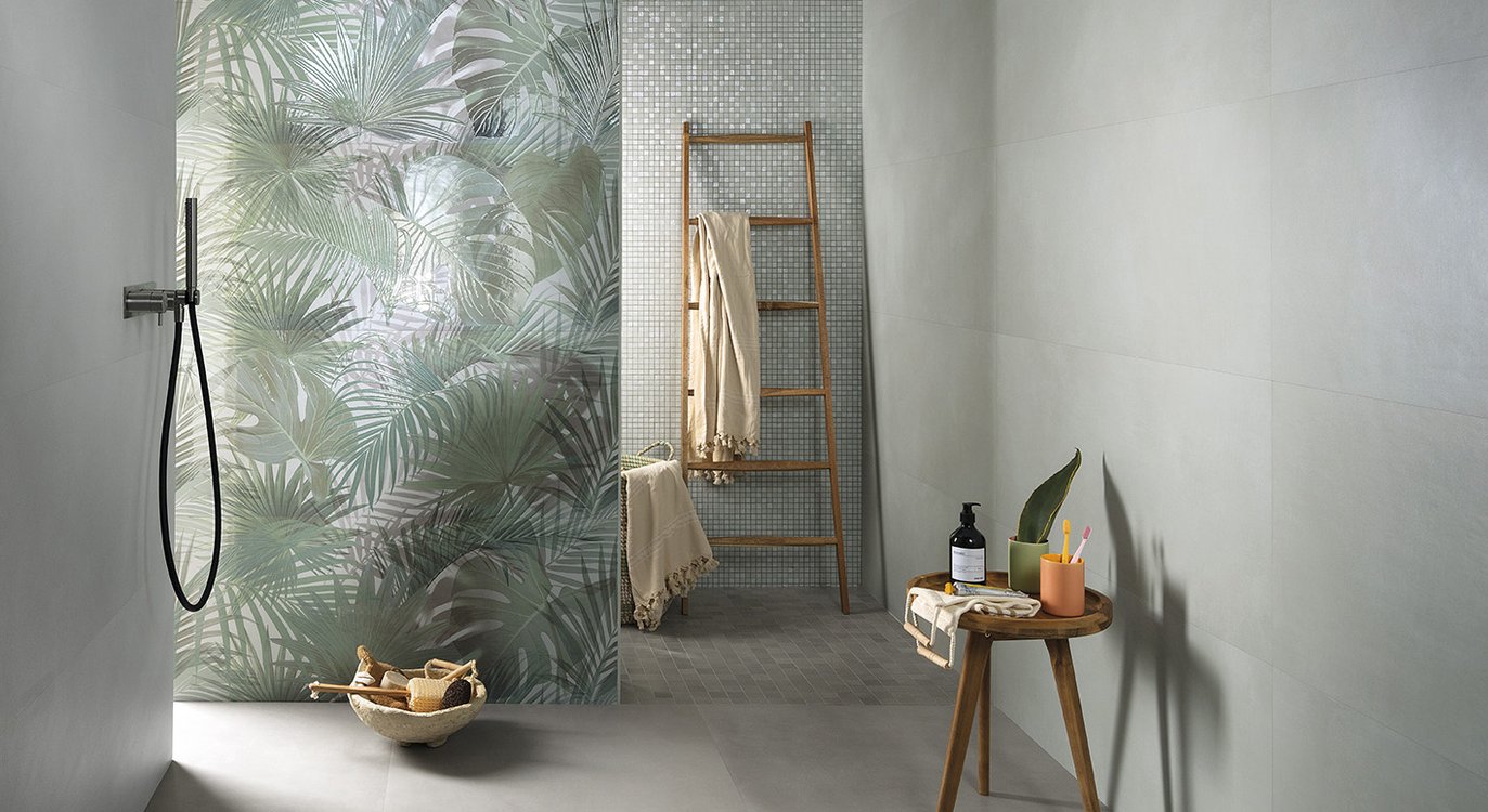 Room view Bathroom, created with tiles from the collection: MILANO MOOD – Green, Grey