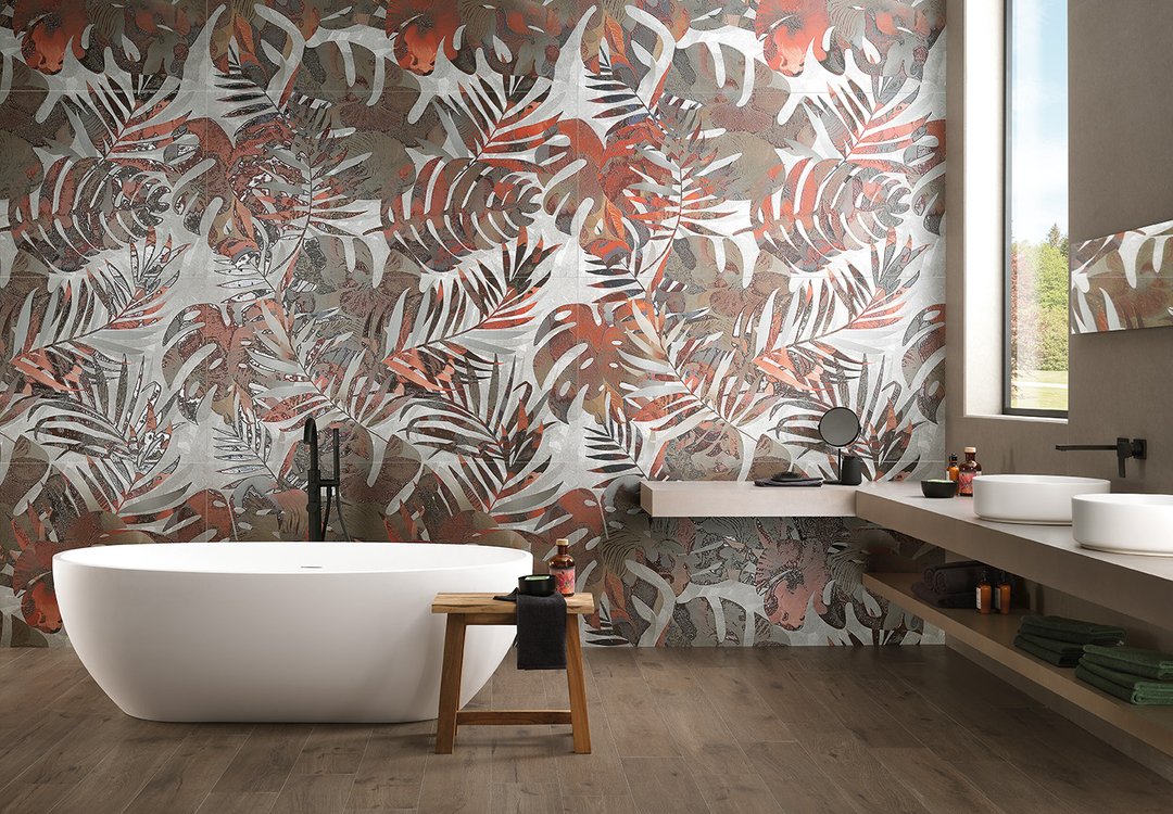 Room view Bathroom, created with tiles from the collection: FAP MURALS – Green, Brown