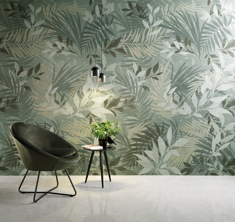 Room view , created with tiles from the collection: FAP MURALS – Green, White