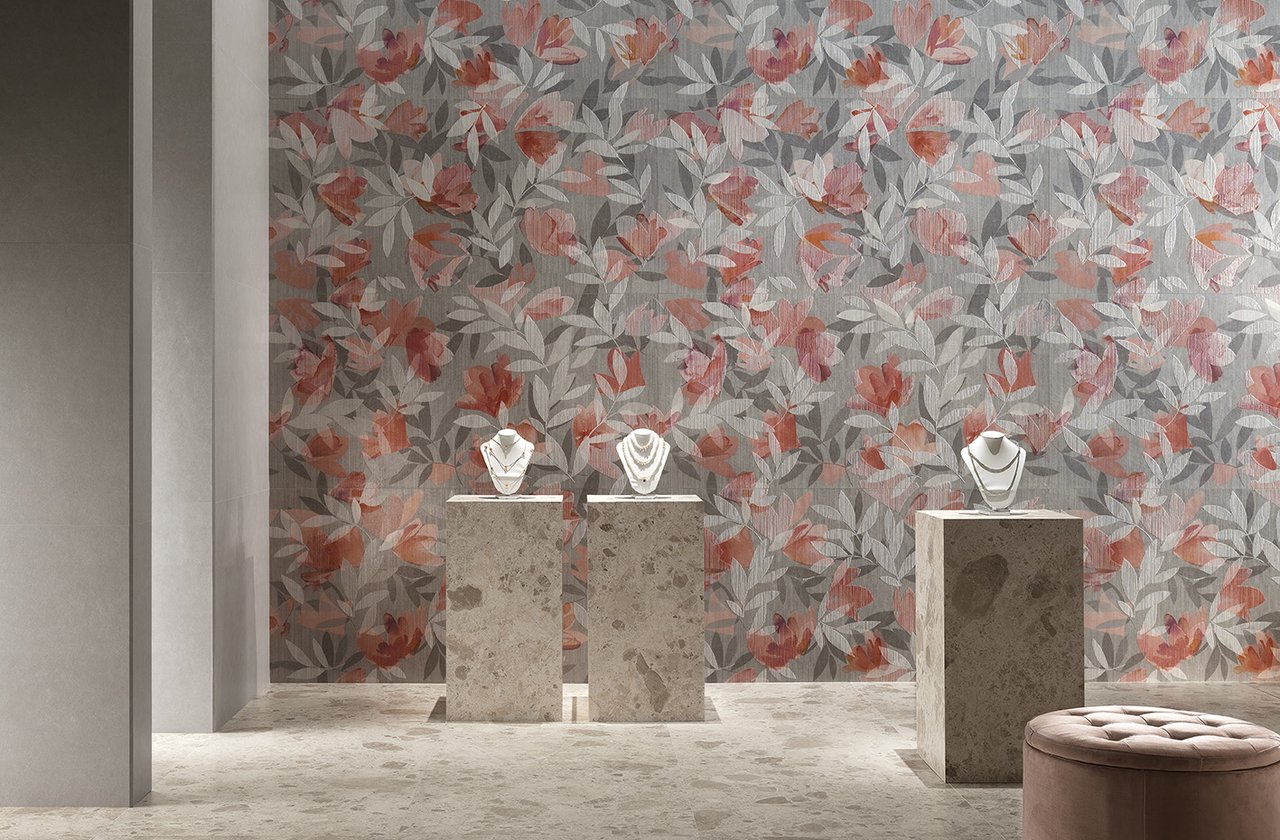 Image d'ambiance Contrat, réalisée avec des carreaux de la collection : FAP MURALS – Rouge-Rose FAP MURALS