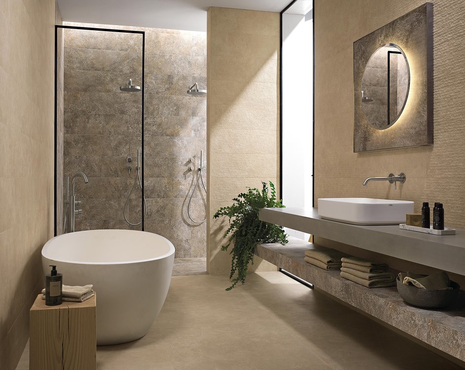 Room view Bathroom, created with tiles from the collection: NOBU – Beige, Brown