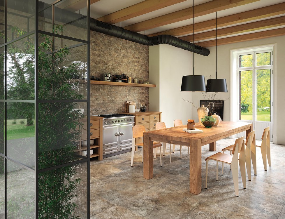 Room view Kitchen, created with tiles from the collection: NOBU – Brown