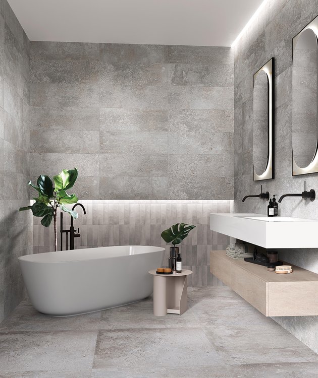 Imagen de ambiente Baño, realizada con baldosas de la colección: OXIDE – GRIS