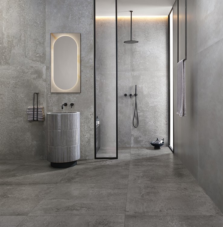Imagen de ambiente Baño, realizada con baldosas de la colección: OXIDE – GRIS