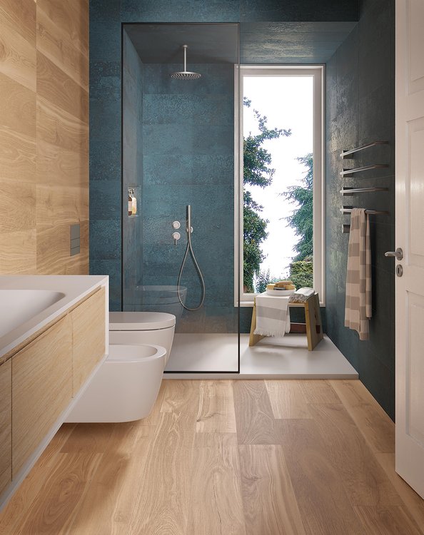 Imagen de ambiente Baño, realizada con baldosas de la colección: OXIDE – BEIGE, Blu