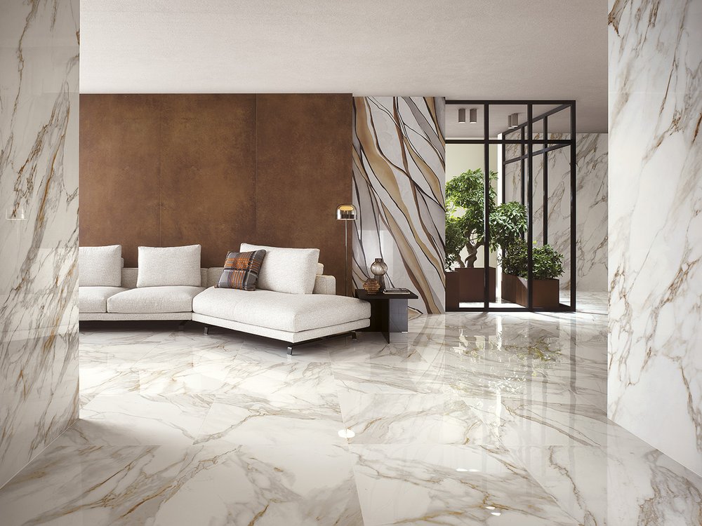 Room view House, created with tiles from the collection: ROMA GOLD – White, Brown