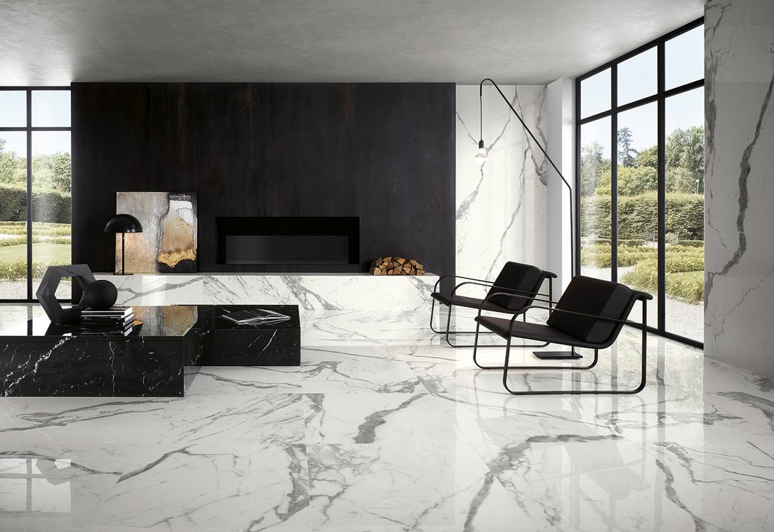 Imagen de ambiente House, realizada con baldosas de la colección: ROMA GOLD – BLANCO, NEGRO