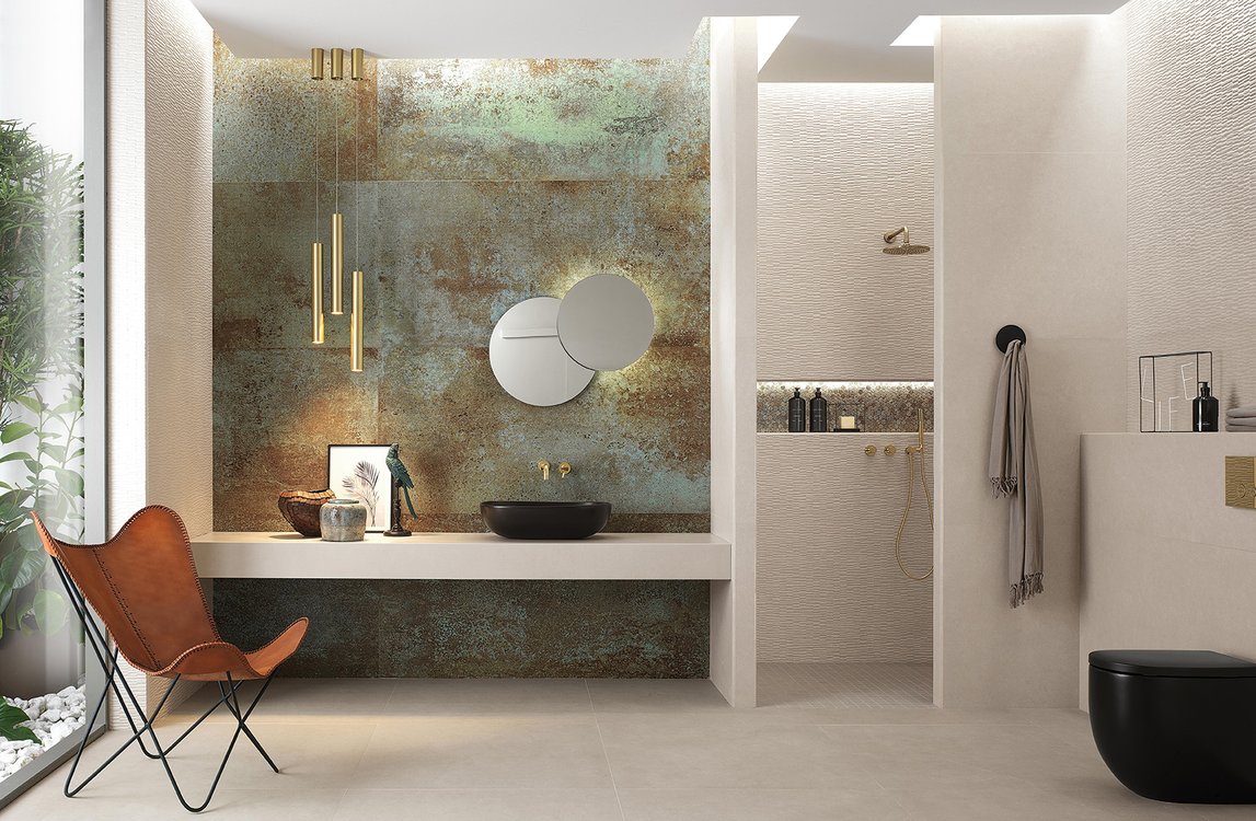 Room view Bathroom, created with tiles from the collection: SHEER – Grey, White, Green