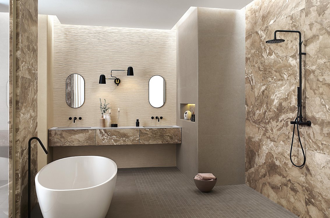 Room view Bathroom, created with tiles from the collection: SHEER – Beige, Grey, Brown