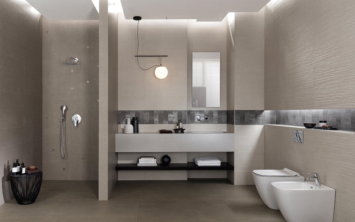 Room view Bathroom, created with tiles from the collection: SHEER – Grey, White