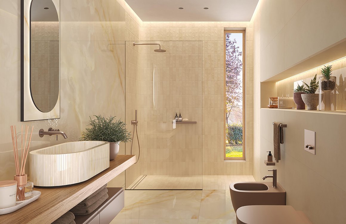 Room view Bathroom, created with tiles from the collection: STILL – Beige