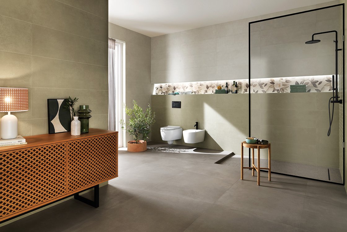 Room view Bathroom, created with tiles from the collection: SUMMER – Grey, Green