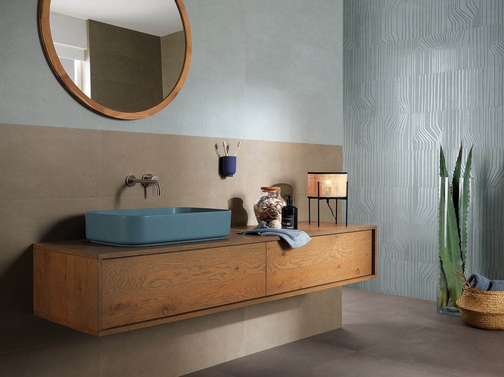 Imagen de ambiente , realizada con baldosas de la colección: SUMMER – Azzurro, BROWN, GRIS