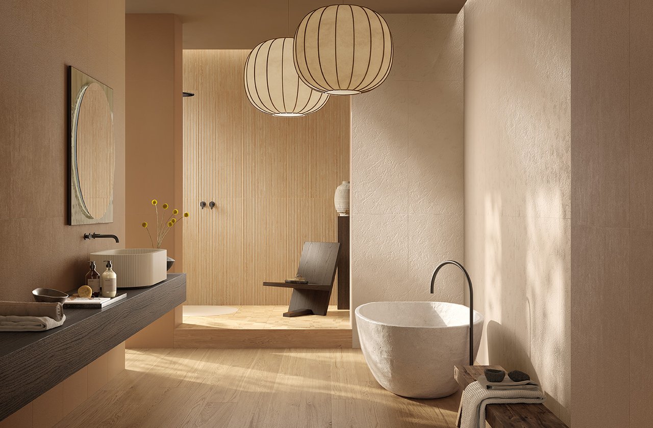 Image d'ambiance Salle de bain, réalisée avec des carreaux de la collection : TRUE COLOR – Marron, Gris, AUTRES, Beige TRUE COLOR
