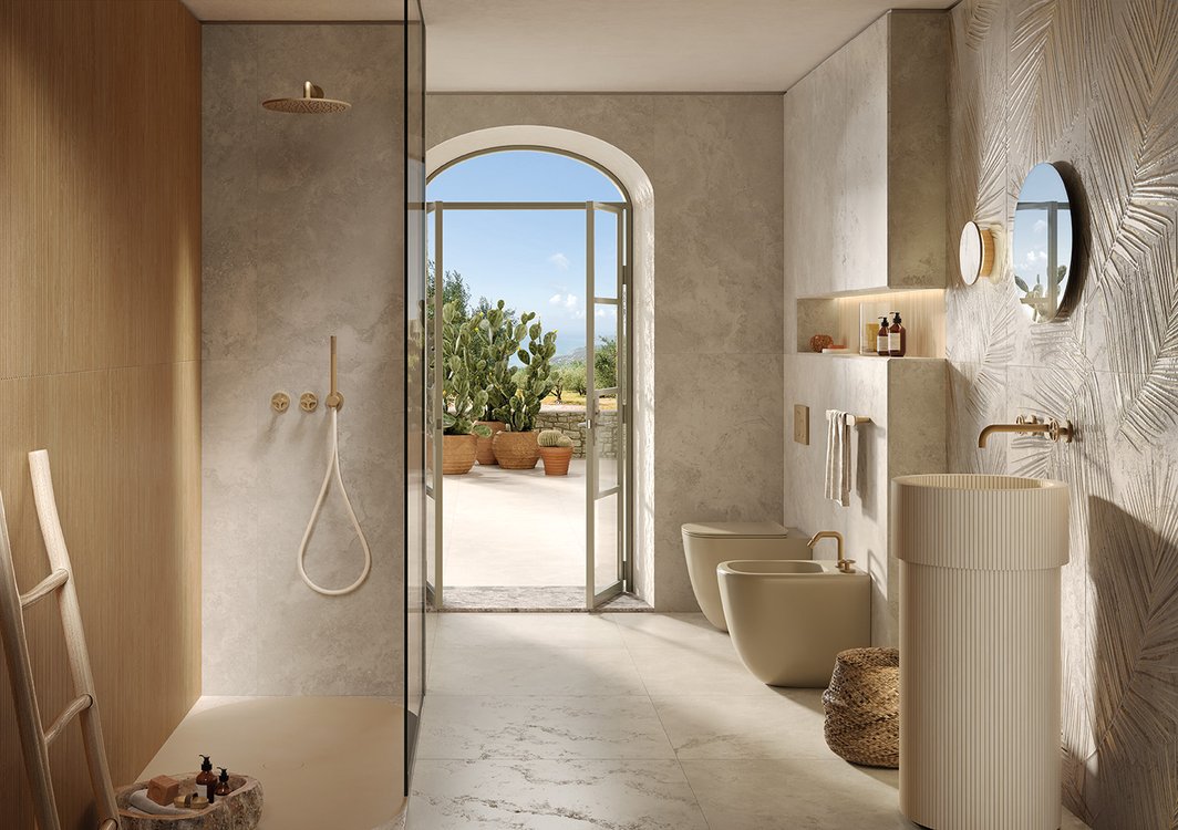 Room view Bathroom, created with tiles from the collection: VENTO DEL SUD – Brown, Beige