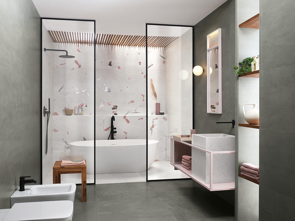 Room view Bathroom, created with tiles from the collection: YLICO – White, Green