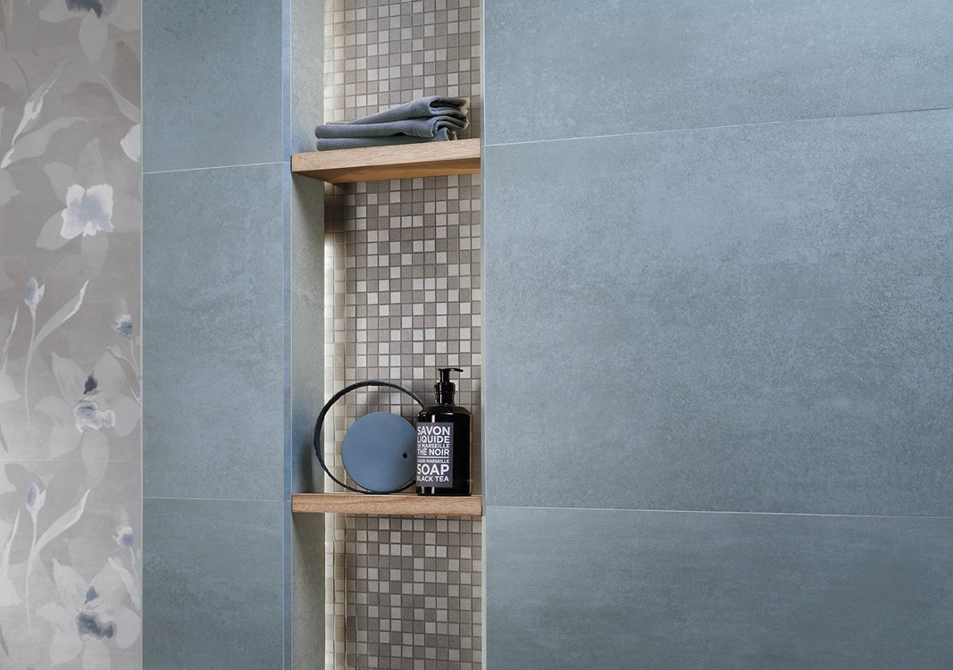 Room view , created with tiles from the collection: YLICO – Light Blue, Grey