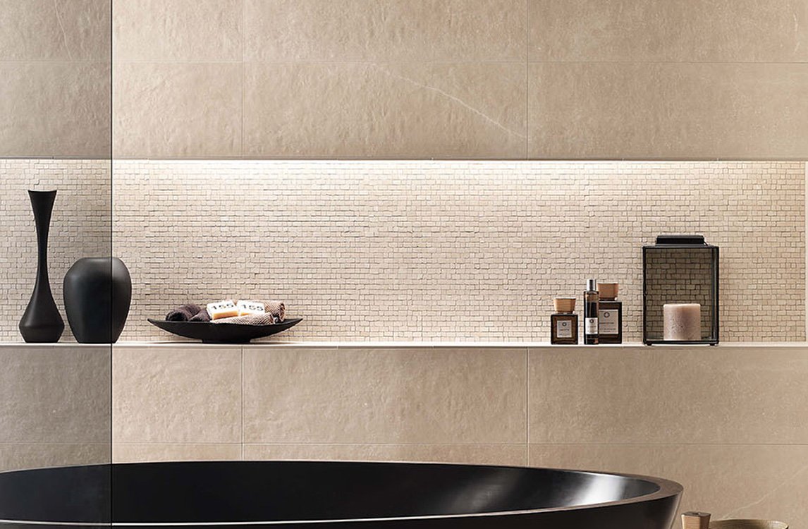 Imagen de ambiente , realizada con baldosas de la colección: MAKU – BEIGE